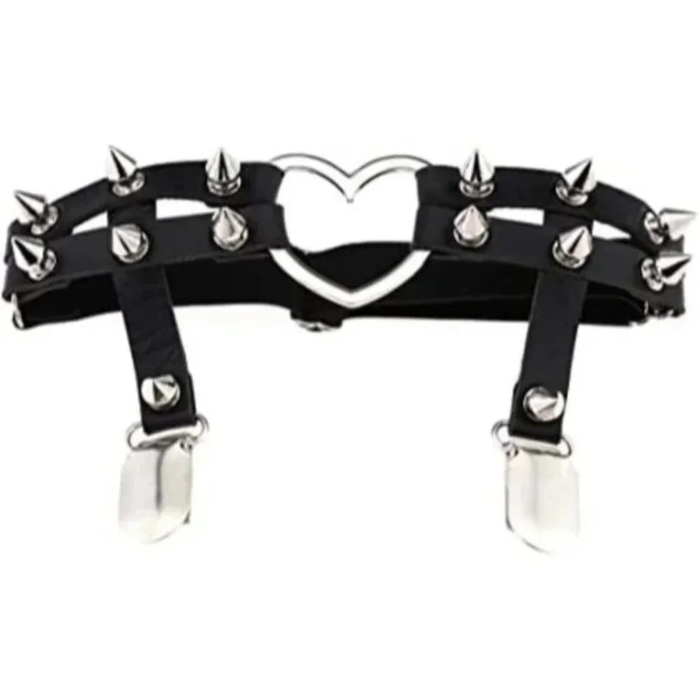 𝅺GOTHIC Black Heart Studded Garters Leather Leg Ring Elastic Punk AdjustableNWT